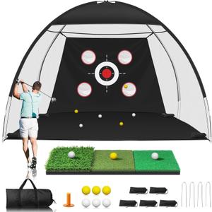 Golf Net, 10x7FT Golf Practice Net with Tri-Turf Mat for Outdoor Indoor, All-in-One Hitting Aid Nets for Backyard Training Driving Chipping Swing, Gifts for Men/Him/Dad/Golfer