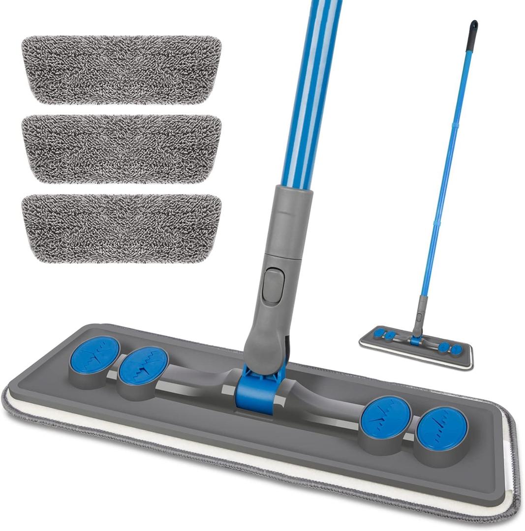 Microfibre Floor Mop for Cleaning Floors, Flat Mop for Laminate Wooden Vinyl Tile, Dust Wet Dry Use for Kitchen Bathroom Wall Cleaning with 3 Washable Chenille Pads