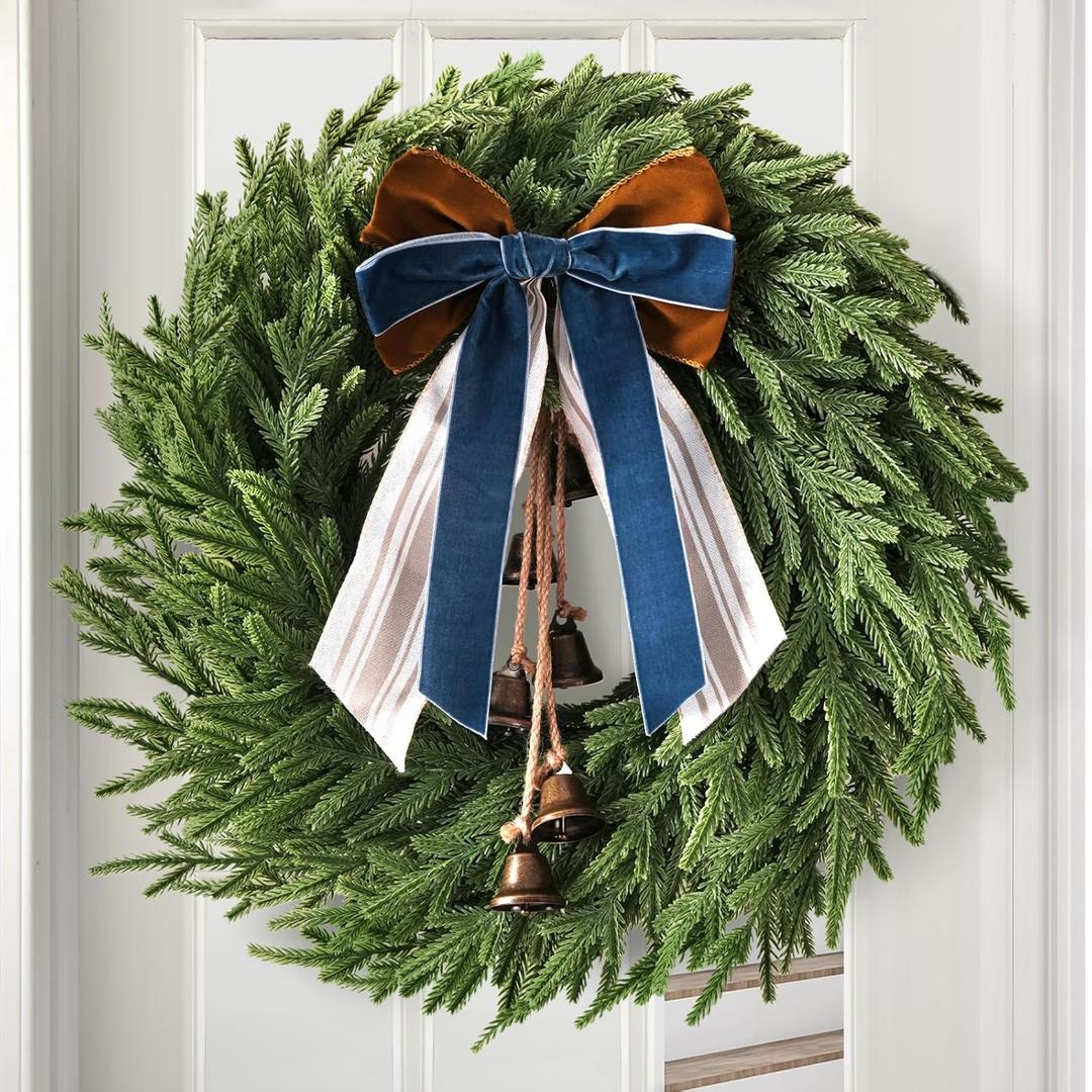 Christmas Decorations - 22 Inch Norfolk Pine Christmas Wreath with Bells and Ribbon - Artificial Pine Greenery Winter Wreath for Home Table Wall Window Porch Door Indoor Outdoor Decor