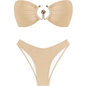 ZAFUL Womens Bandeau Bikini Set Metallic Sparkly O Ring Lace Up Tie Side High Cut Tanga Sexy Bathing Suit Swimwear (A-apricot, Medium)