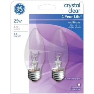 GE 25 Watt B Type Crystal Clear Multi-Use Light Bulbs 170 Lumens 2-Pack - 76384