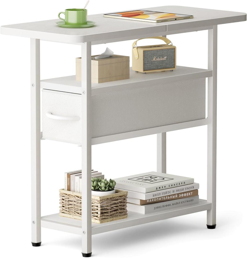 AOODA Narrow Nightstand with Drawers, 3 Tier Skinny Bedside Table for Bedroom, Slim Living Room End Tables with Storage for Small Spaces, Sofa Couch (White)