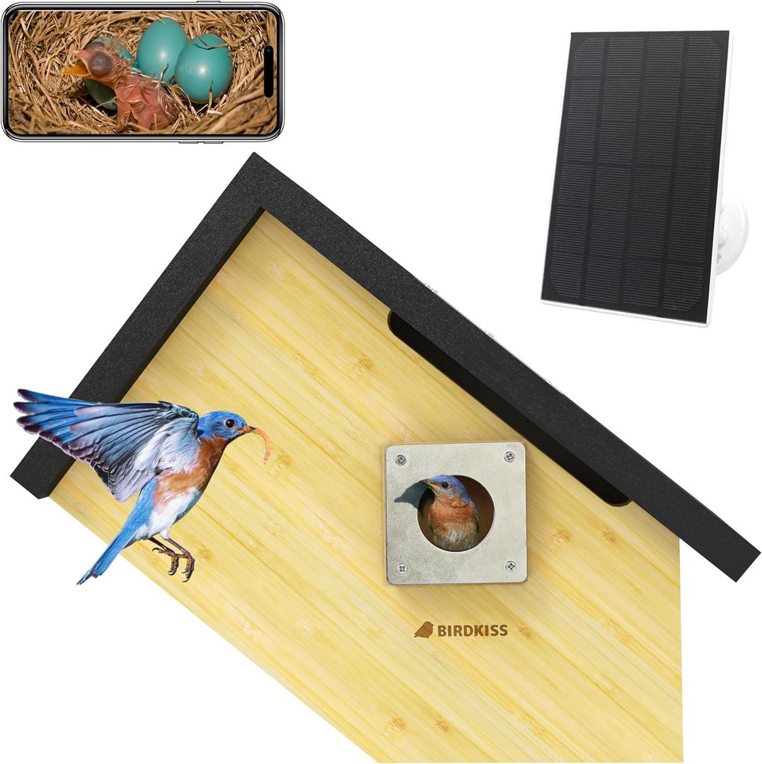 Birdkiss Smart Bird Houses for Outside Solar Powered, 1080P HD Live View Birdhouse with Camera, Perfect Viewing Bird Nesting and Hatching, Ideal Outdoors Bird House for Blue Bird and Cardinal (Black) (Large)