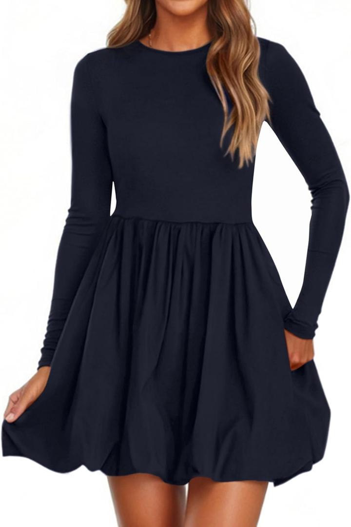 PRETTYGARDEN Fall Dresses for Women 2025 Casual Long Sleeve Bubble Cute Crew Neck A Line Mini Short Dress with Pockets 
(Navy, Small)