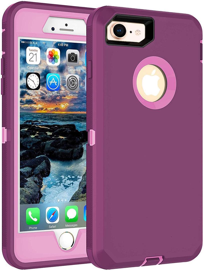 MXX Case Compatible with iPhone 8 and iPhone 7, with Screen Protector 3-Layer Super Full Heavy Duty Body Bumper Cover/Shock Protection/Dust Proof, Designed for iPhone 7 and 8 - (Purple/Light Pink)