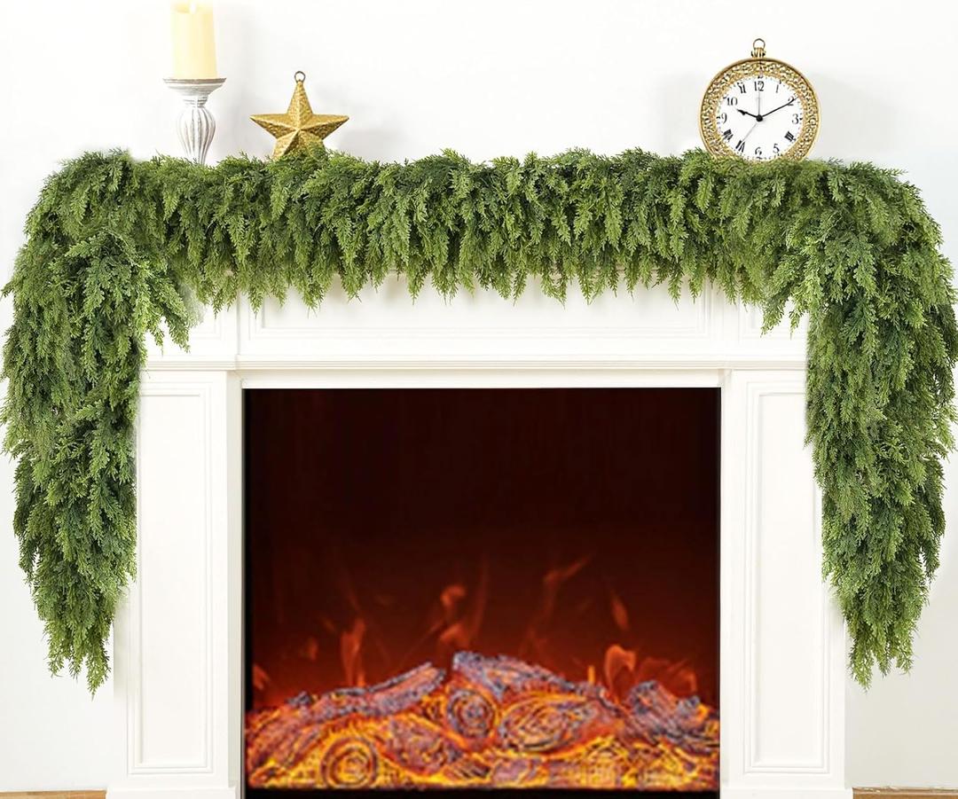 9FT Double Fullness Christmas Cedar Garland with 280 Tips Cedar Branches Artificial Realistic Thick Soft Green Faux Winter Greenery Pine Garlands for Fireplace Mantel Table Doorframe