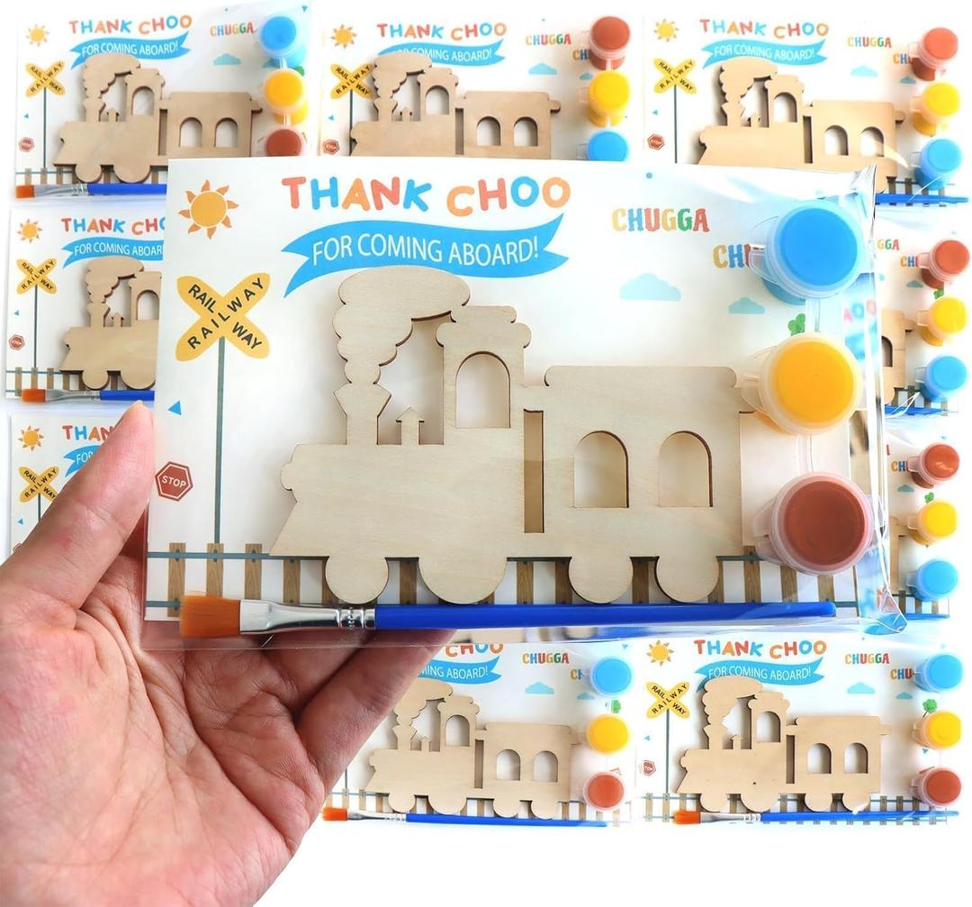 12 Pack Pre-Packaged Train Party Favors, Wooden Train Painting Kits, Choo Choo 2nd Birthday Decorations, Toddler Party Favors & Goodie Bag Stuffers for Kids 3-5