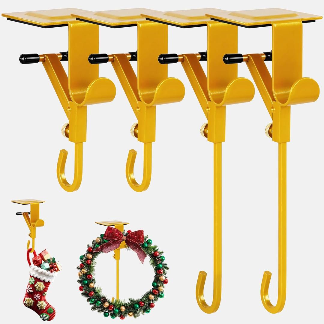 Fireplace Stocking and Garland Hanger, Garland Hanger for Door Frame, Adjustable Heavy Duty 2 in 1 Double Mantel Hangers, Holds up to 20 LBS (4-Pack)