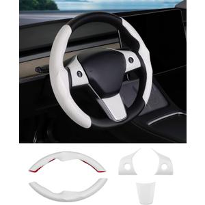 Steering Wheel Cover for Telsa Model 3/Model Y Accessories Carbon Fiber Steering Wheel Cover Protector Anti-Slip, Comfortable Grip, Breathable, White 5PCS(NOT for Highland and Juniper)
