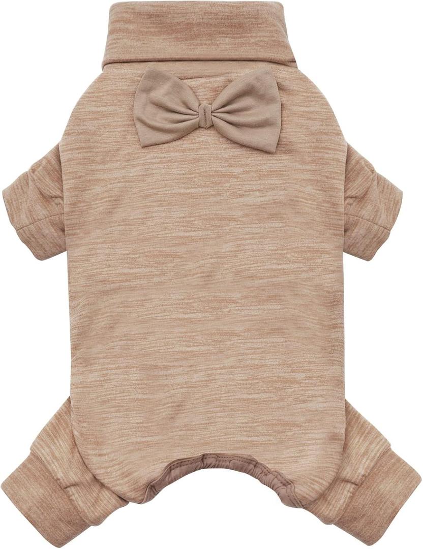 KYEESE Dog Coats Turtleneck Stretchy Dog Pjs Dog Sweater Super Soft Warm Material Dog Pajamas with Bowtie Dog Onesie for Small Dogs Cold Weather Coat, Khaki,M