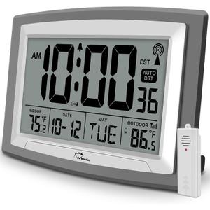 WallarGe Atomic Clock with Outdoor and Indoor Temperature - 12.5 Inch Self-Setting Digital Clock Large Display, Battery Operated Wall Clocks or Desk Clocks for Bedroom, Livingroom, Office