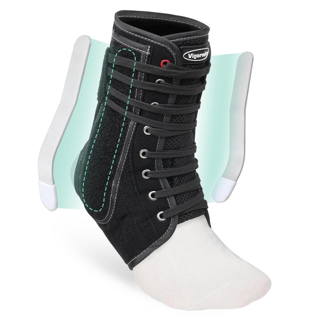 Lace up Ankle Brace for Women Men, Quick Adjustment Ankle Brace with Metal and Plastic Side Stabilizers, 1Pcs Foot Support for Sprained Left Right, XL (Black)