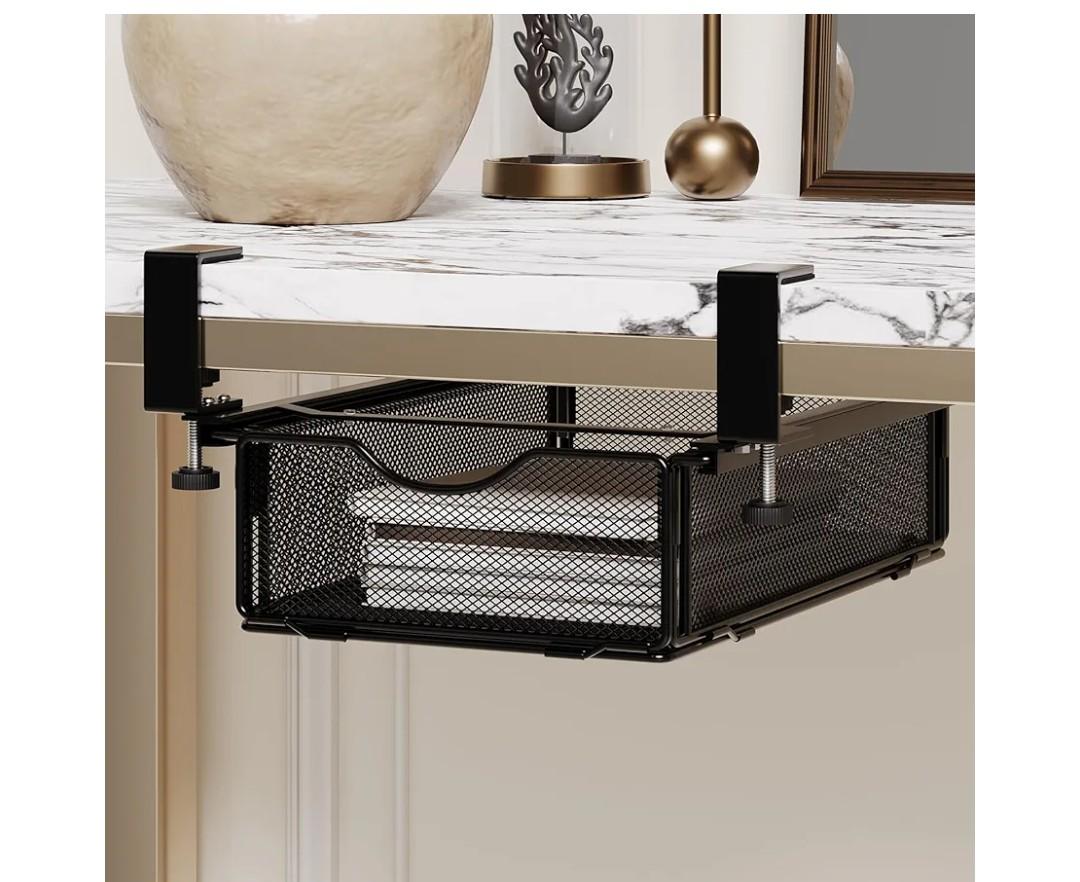 Under-Desk Drawer Slide Out Clamp-On-Desk Shelf for Office Supplies and Books Storage Metal Attachable Table Drawer Fit for Table Thickness 0.47-2.36in (Black, Normal