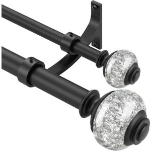 Double Curtain Rods 72 to 144 Inches(6-12 Feet) with Solid Aluminum Alloy Brackets, 1 Front and 5/8 Back Telescoping Drapery Rod for Windows, Heavy Duty Decorative Curtain Rods, Matte Black