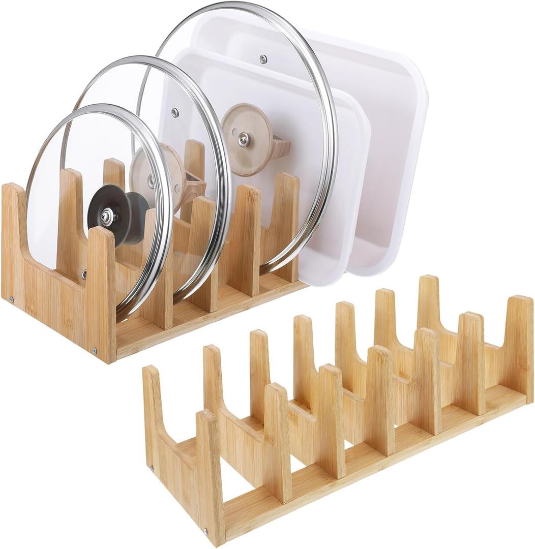 Suclain 2 Pcs Bamboo Pot and Pan Organizer Plate Holder for Cabinet Drawer Countertop, Pot Lid Dish Rack for Cabinet Storage Cutting Boards, Baking Pans, Plates, 12 Sections in Total