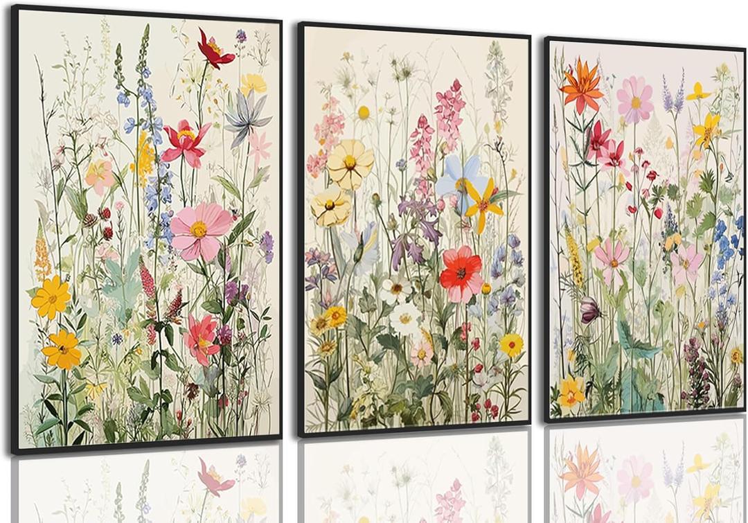 KISSFOX 3 Piece Watercolor Wildflower Botanical Framed Wall Art Colorful Floral Canvas Art Prints Boho Flower Pictures Wall Decor Modern Minimalism Paintings Artwork Girls Bedroom Living Room Bathroom (16"x24" Black Framed)