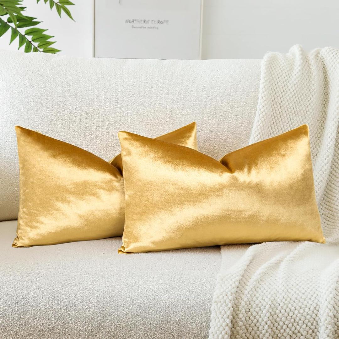 OTOSTAR Pack of 2 Velvet Soft Solid Decorative Throw Pillow Covers 16 x 24 Inch Pillow Covers Lumbar Cushion Case Couch Pillowcases for Sofa Bed Home Decor (Gold)