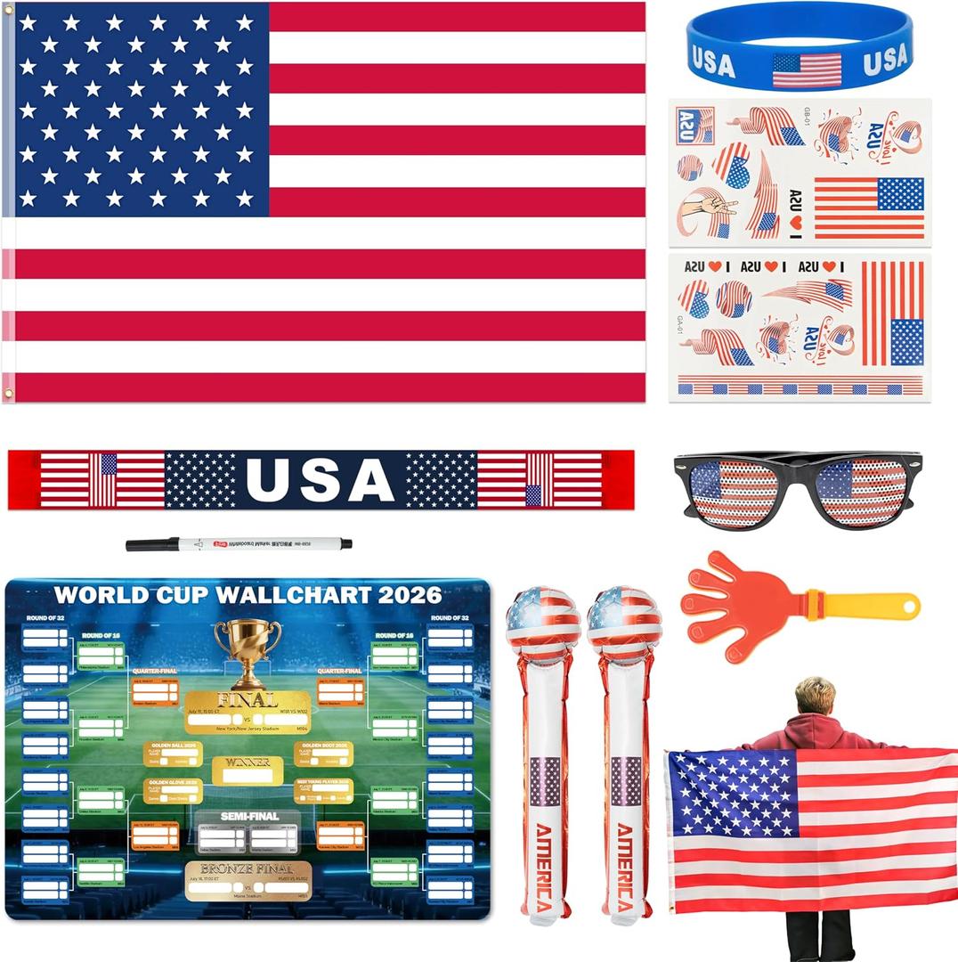 World Cup 2026 Soccer Fan Support Kit 11PCS, World Cup Merch for Fans Accessories, Flag, Scarf, Glasses, Cheering Sticks, Clapper & Schedule Poster, Fan Gear for Match Day & Parties (United States)