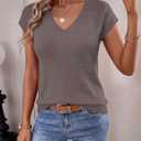 LaGracia Short Sleeve Sweater for Women V Neck Wool Blend Cropped Sweaters Business Casual Work Tops Summer Outfits (Brown, XL)