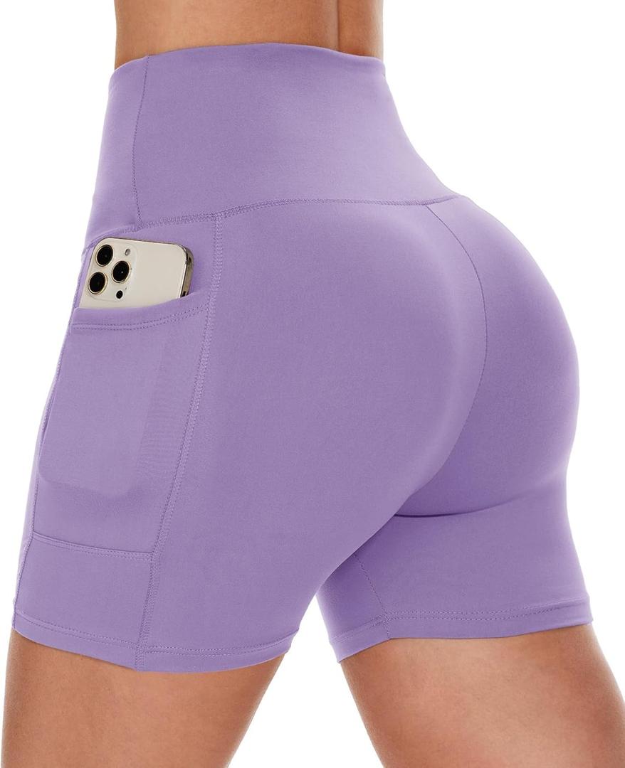CAMPSNAIL Biker Shorts Women with Pockets - 3"/5"/8" High Waisted Workout Spandex Tummy Control Gym Running Yoga Shorts (Purple), Size S/M