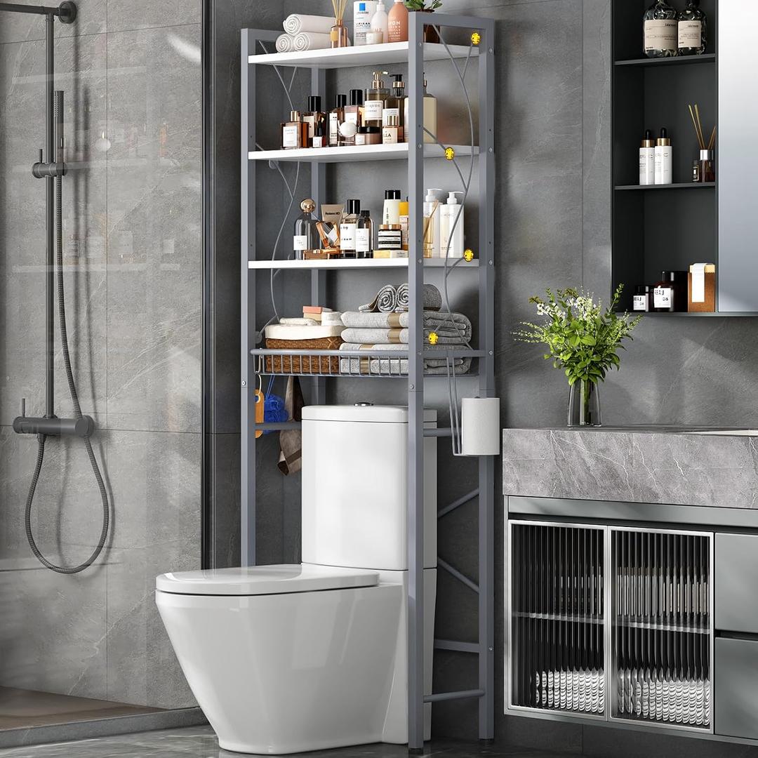 Over-The-Toilet Storage Rack, 4-Tier Bathroom Organizer Shelf Over Toilet with Adjustable Shelf and Basket, Freestanding Space Saver Bathroom Shelves Above Toilet for Room (Gray White), X-Large