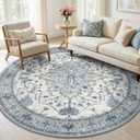 RELEANY Area Rugs 6ft Washable Non-Slip, Floral Vintage Distress Print Pattern Medallion Carpet for Living Room Bedroom Dining Room, Light Blue Navy Beige Gray White