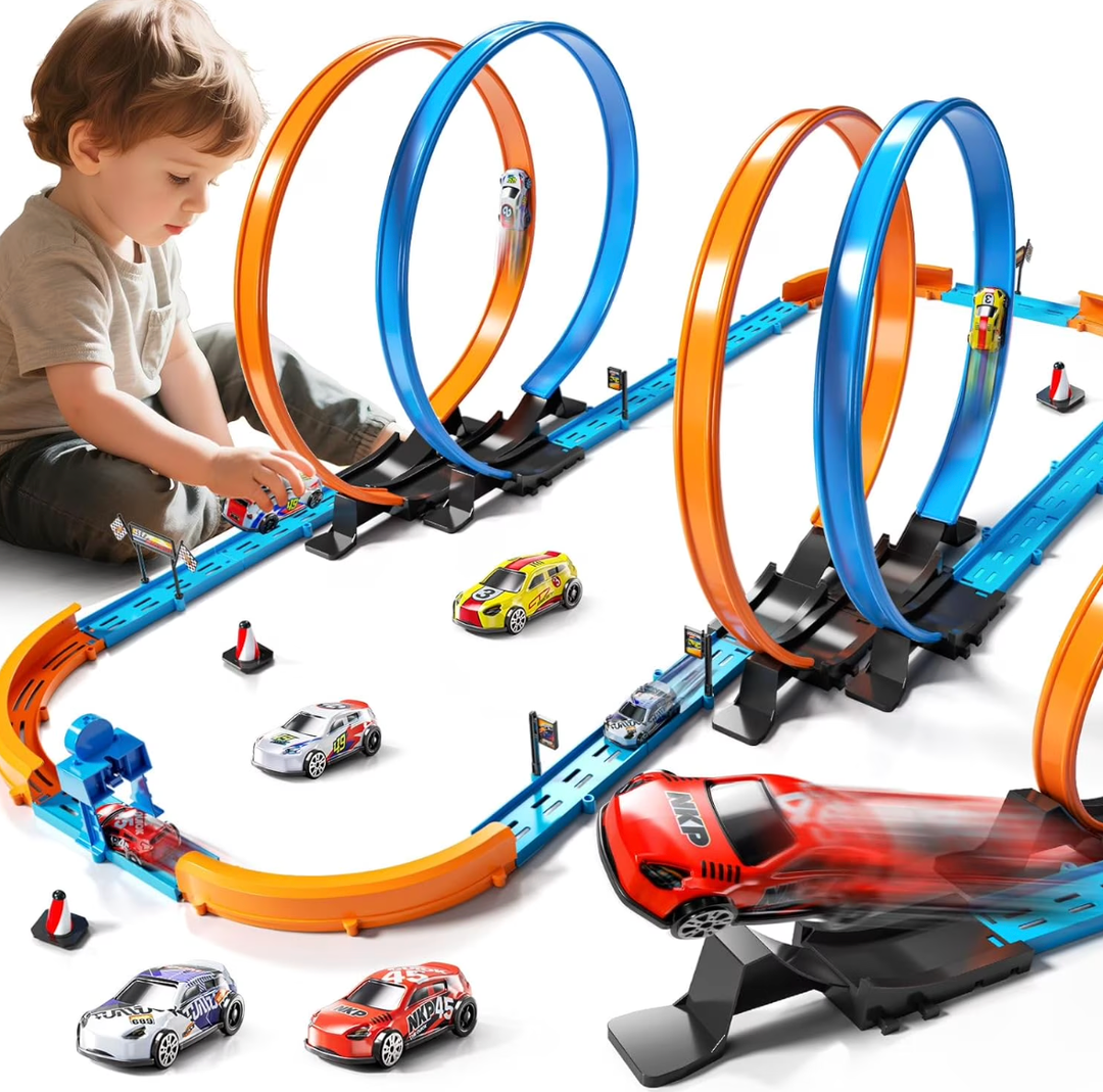 LILYBUDS Toy Car Track Gift Set for Boys Kids Age 3-5 4-7 8-12, Long Race Tracks with 4 Action Loops and 4 High-Speed Slot Die-Cast Race Cars, 35+ Pieces Race Tracks to Create Multiple Configurations