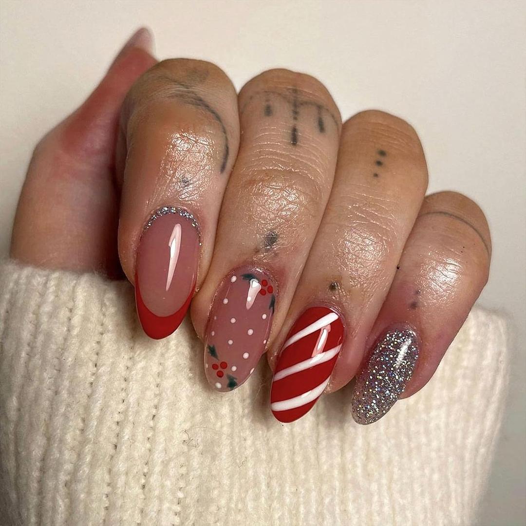 5 x Christmas Press on Nails Medium Red Glue on Candy Stripe Cane Mistletoe Design Xmas Acrylic Stiletto Bling Manicure False Nails 24 Pcs