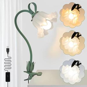 Clip On Light and Flower Desk Lamp, Flexible Gooseneck Reading Book Light with 3 Color Modes, Night Light for Kids Nursery, Clip on Bedside Lamp for Bed Headboard,Table, Nursery,Dorm (Green-02)