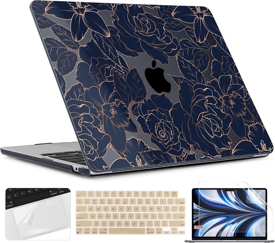 TWOLSKOO for MacBook Air 13 inch Case M5 2026 M4 2025 M3 M2 2024-2022 A3449 A3240 A3113 A2681, Plastic Hard Shell & Keyboard Cover & Screen Film for MacBook Air 13.6 inch Case, Elegant Roses