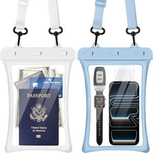 CACOE [Floatable Floating Universal IPX8 Waterproof Phone case 2 Pack-Up to 10.0",Adjustable Lanyard Phone Pouch,Dry Bags for Vacation Beach Pool Kayak Cruise Travel EssentialsWhite+Light Blue