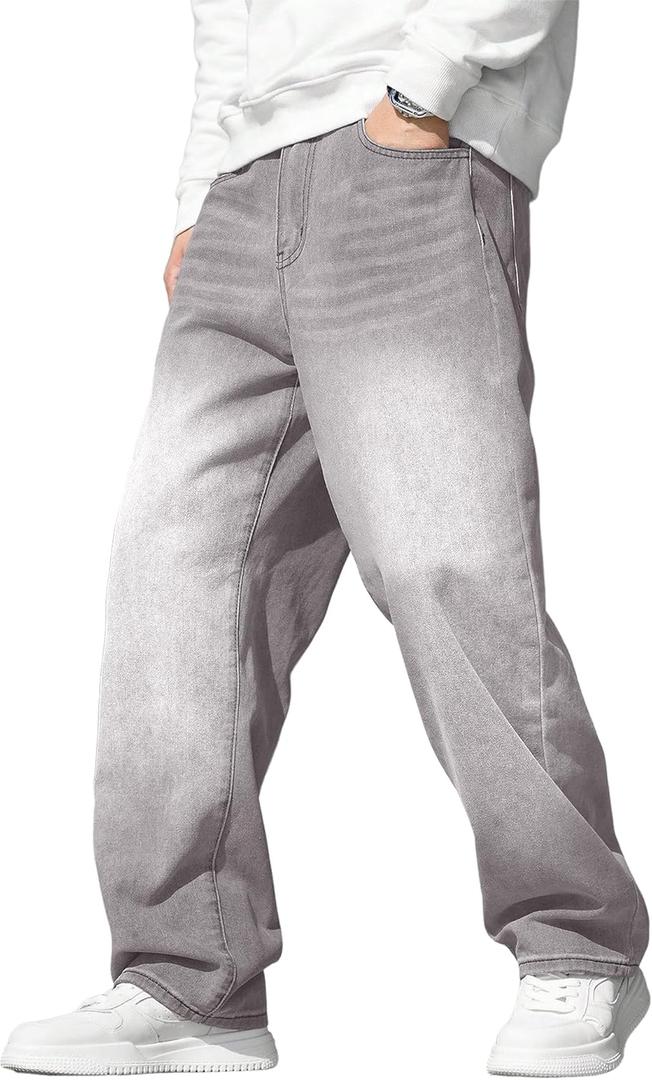 JMIERR Men's Baggy Jeans Wide Leg Skater Hip Hop Denim Pants Loose Fit Streetwear (X-Large, Light Grey)