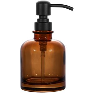 Thick Amber Glass Jar Soap Dispenser with Matte Black Stainless Steel Pump, 12ounce Boston Round Bottles Dispenser with Rustproof Pump for Essential Oil (Brown)