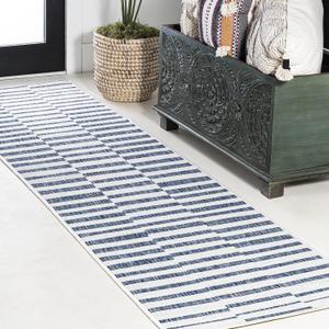 JONATHAN Y Offset Stripe Indoor Outdoor Runner Rug 2X8 Ivory/Blue, Sukie Modern for Backyard, Patio, Porch, Easy-Cleaning, High Traffic, Pet-Friendly, Non-Shedding (SMB133C-28)