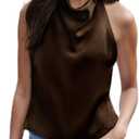 Satin Halter Tops for Women Mock Neck Backless Tank Tops Sexy Sleeveless Silk Camisole for Going Out (Large, Dark Brown)