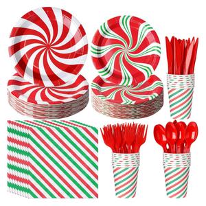 175 Pcs Christmas Candy Cane Party Plates Supplies,Christmas Disposable Tableware Peppermint Swirl Red Green Paper Plate and Napkins Cup Knives Spoon for Christmas Holiday Party Decorations,Serve 25