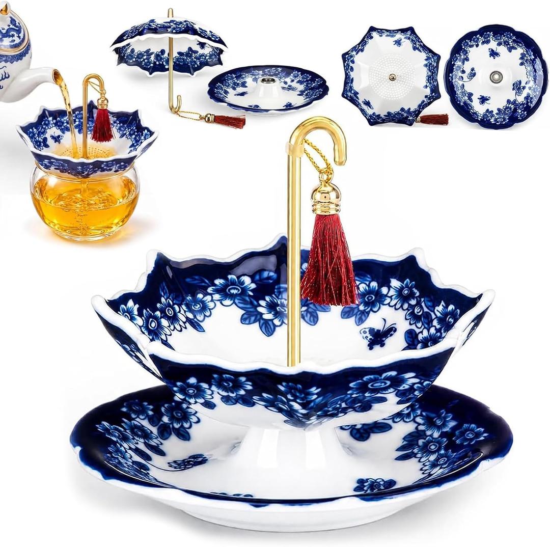Umbrella Tea Strainer, Blue and White Porcelain | Umbrella Shape Ceramic, For Loose Leaf Tea, Rotating Design, Coffee Brewing Filter, One Piece