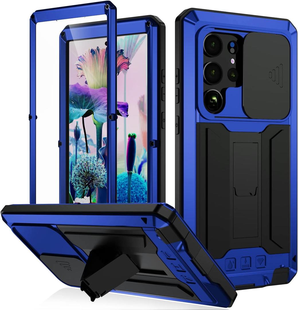 FW Samsung Galaxy S23 Ultra Metal Case with Slide Camera Cover Built in Screen Protector Full Body Hybrid S23 Ultra Case Metal Kickstand Military Heavy Duty Armor Silicone Case for Man Woman (Blue)