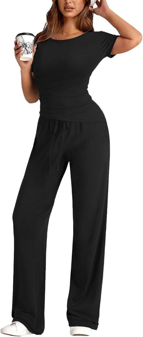 FAIRY SEASON Women's 2 Piece Casual Lounge Sets Summer Outfits Asymmetrical Short Sleeve Tops Wide Leg Pants Matching Set