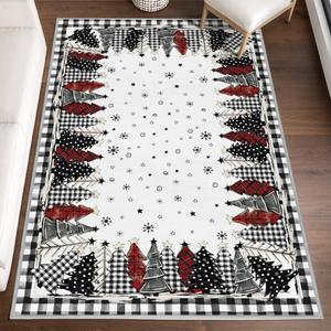 Artoid Mode Watercolor Buffalo Plaid Xmas Tree Merry Christmas Area Rug, Winter Home Decor Low-Profile Washable Area Rugs for Entryway Bedroom Bathroom Laundry Room Office Indoor 4x6 Feet (Black/White)