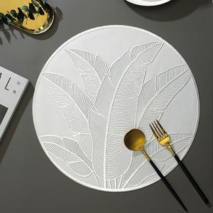 pigchcy Silver Round Placemats Set of 6 for Dinner Table, Metallic Circle Vinyl Place Mats Decor Wedding Accent Centerpiece Plantain Leaves Design
