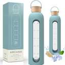 Glass Water Bottle With Time Marker - Borosilicate Reusable Waterbottle With Silicone Sleeve - For travel, Gym, Hiking - Gift For Women and Girls - Motivational Water Bottles (Gelato Blue, 32 OZ) (33.8 Ounces)