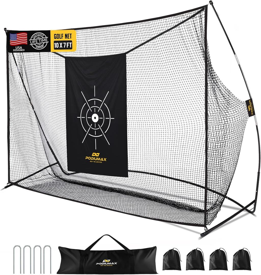 PodiuMax Golf Net, 10x7ft Golf Practice Net with Noise Reduce Silk Target Driving Real Balls, Hitting Nets for Backyard Garage, Improve Chipping Putting Pitching, Gift for Men & Golfers (Black)