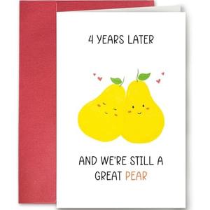 SuperShunhu Sweet 4th Anniversary Card for Her Him, Funny Great Pear Anniversary Card for Boyfriend Girlfriend, 4th Wedding Anniversary Card for Husband Wife, Fruit Anniversary Card, 5 Pack