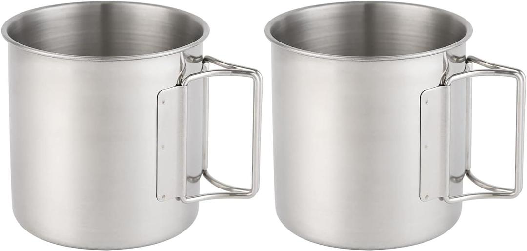 Hikaru Stainless Steel Camping Mugs Outdoors Cup with Foldable Handle 2 Piece Set 660ml/22.3oz Great for Backpacking , Hiking, Hunting, Fishing and Survival Adventure