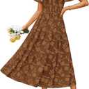 ZESICA Womens Summer Boho Floral Midi Dress 2026 Casual Short Sleeve Square Neck Flowy Beach Vacation Long Dress (Small, Caramel)