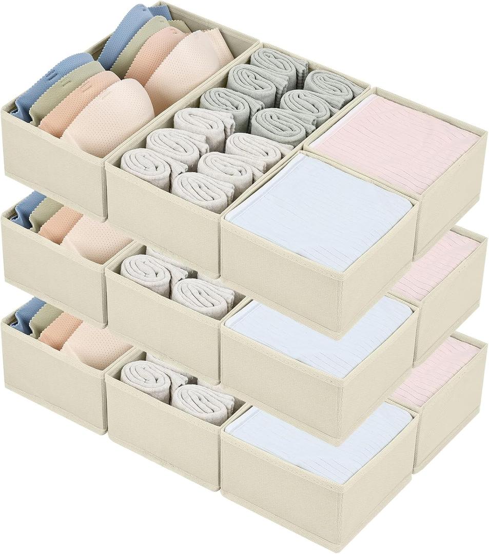 DIMJ Drawer Organizers - Set of 12 Fabric Closet Organizers and Storage, Drawer Dividers for Baby Clothes, Socks, Belt, Tie (Beige)