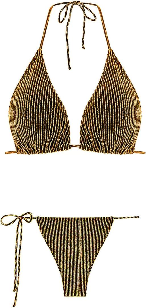 Women Halter String Bikini Set Cheeky Thong Women Two Piece Triangle Spandable Vintage Swimsuit- Golden, 2XL