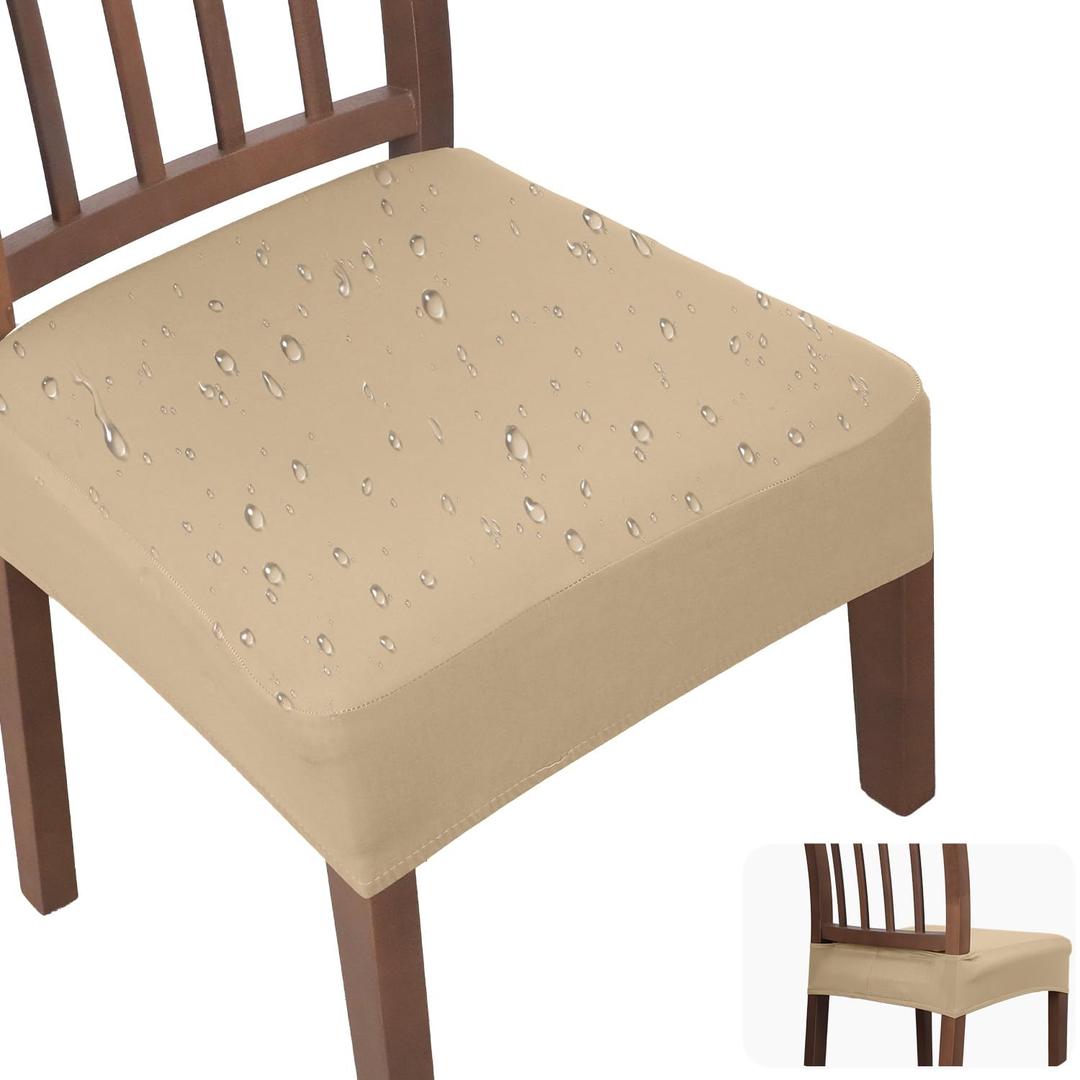 JQinHome Waterproof Dining Chair Seat Covers Set of 4 | Soft Removable Washable Chair Covers for Dining Room,Rear Gap Hook-and-Loop| Elastic Non-Slip, Full Rear Coverage | Khaki