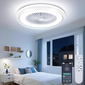 KMALAM 24" Bladeless Ceiling Fan with with Light, Low Profile Ceiling Fan with 3-Dimmable Light, Flush Mount Enclosed Ceilings Fans Lighting Remote & APP Control, 6 Speeds Timing Reversible, White (White)